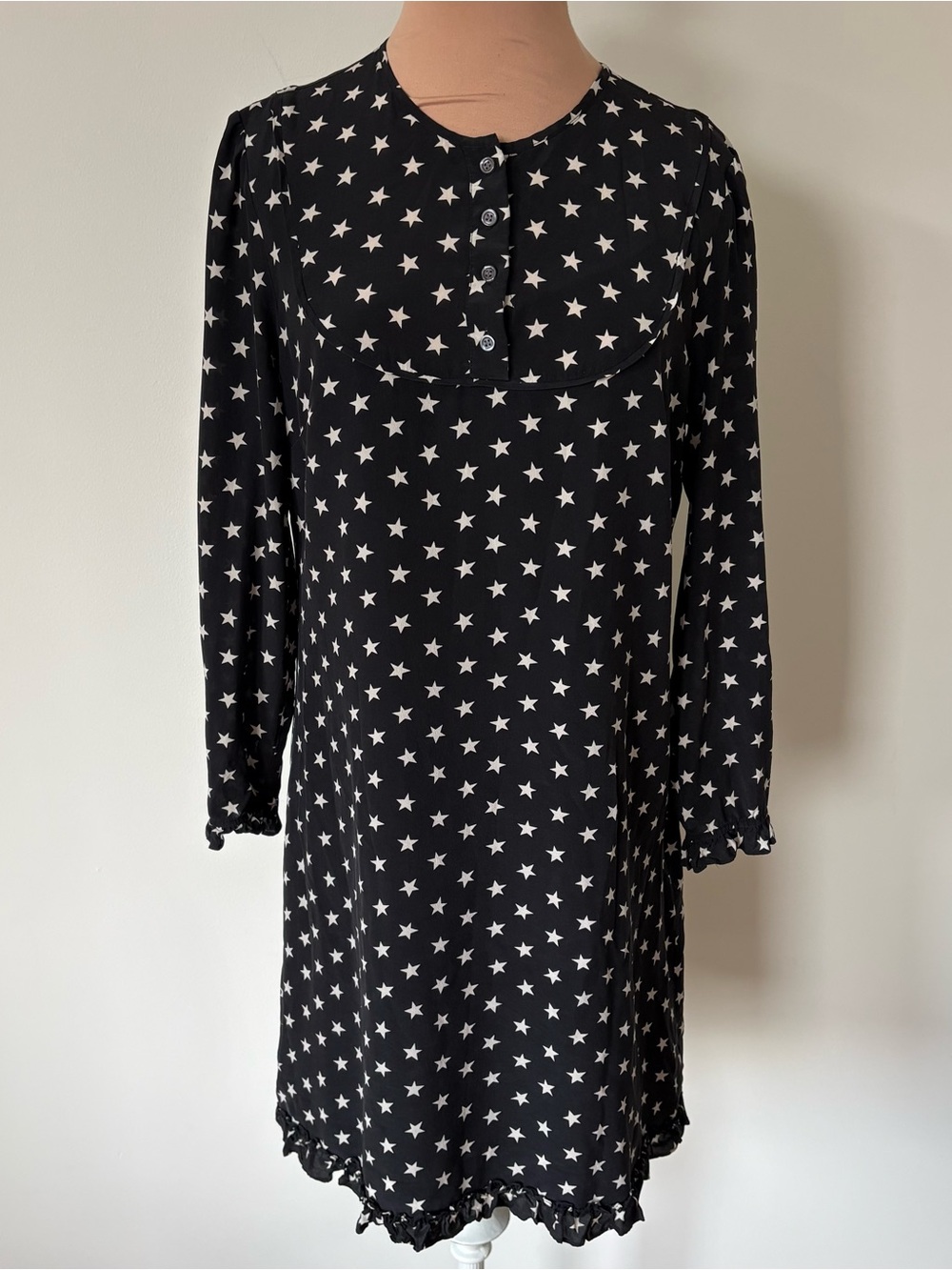J. Crew Collection Black Silk Star Print Long Sleeve Ruffle Trim Shift Dress 4